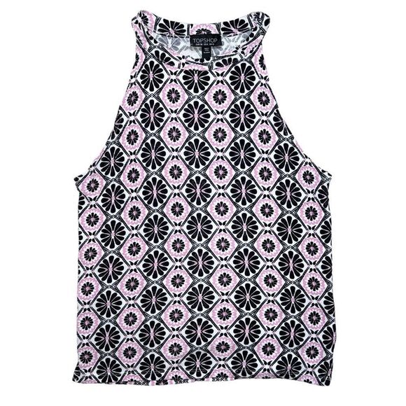 Topshop Retro 70s Style Floral Print Pink and Black Tank - Picture 1 of 8